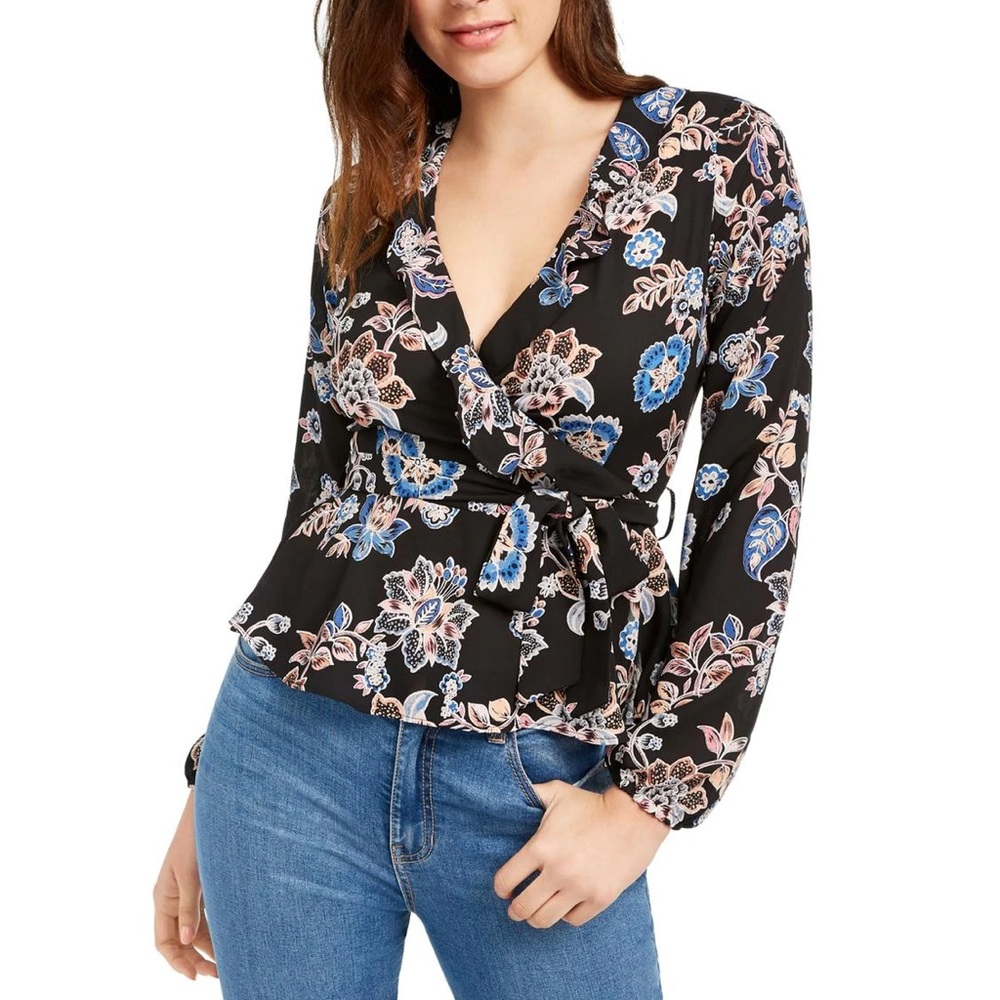 Q & A Womens Floral Print Ruffled Wrap Top